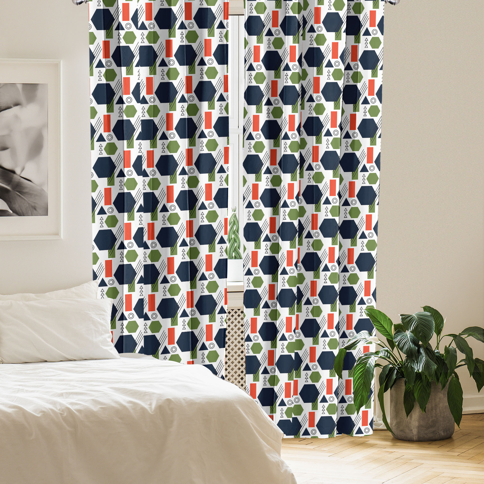 Rectangular Curtains East Urban Home Geometric 4-Panel Curtains, Rectangles Triangles Line ...