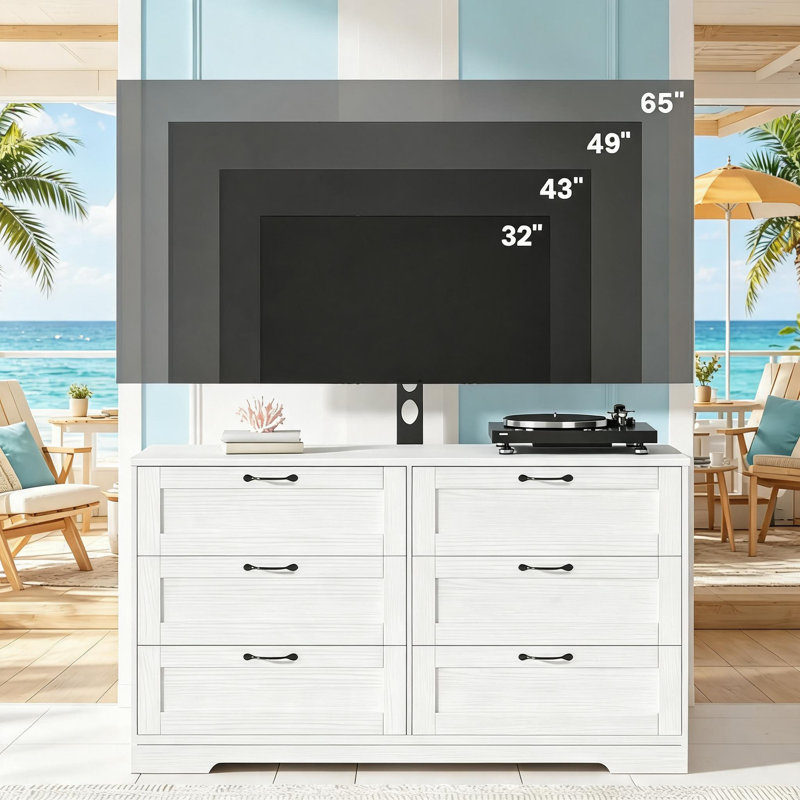 Meuble télé avec support et 6 tiroirs de rangement pour téléviseurs de 32 à 65 pouces, meuble audio-vidéo blanc pour chambre à coucher, salon, console multimédia en bois moderne avec support à hauteur réglable comme commode télé.