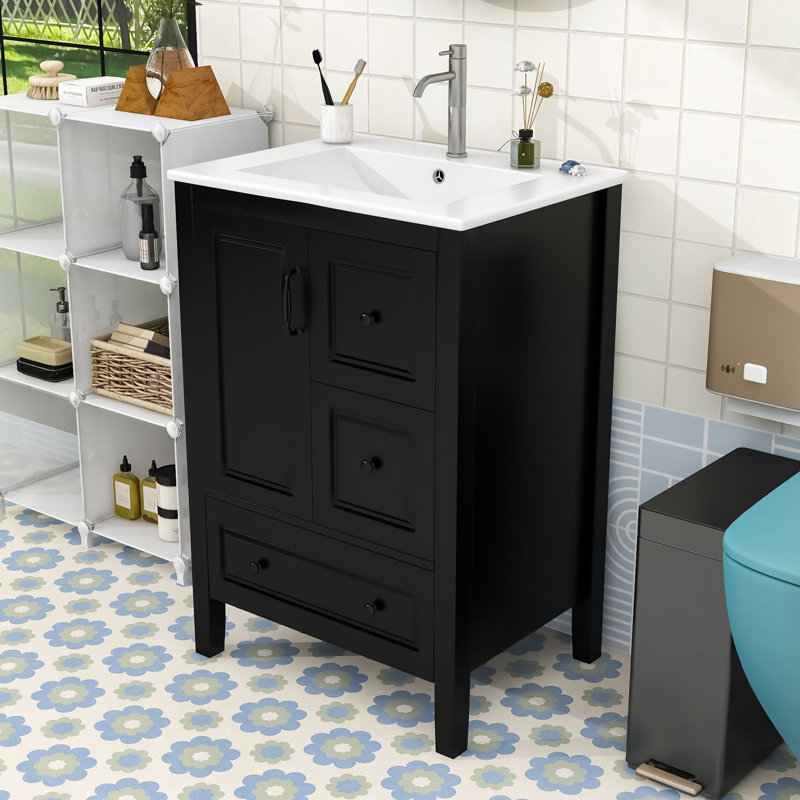 24-Inch Retro Freestanding Bathroom Vanity with Sink, Black