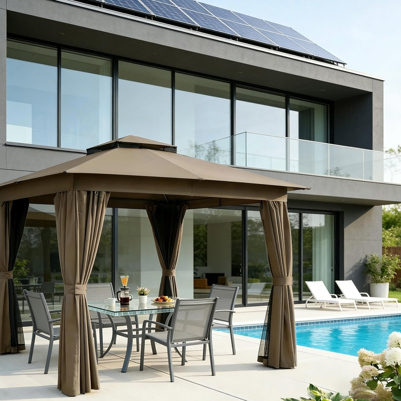 Pavillon de jardin à deux niveaux avec auvent et rideaux, H 107,1 po x l 118,1 po x P 118,1 po, Kaki