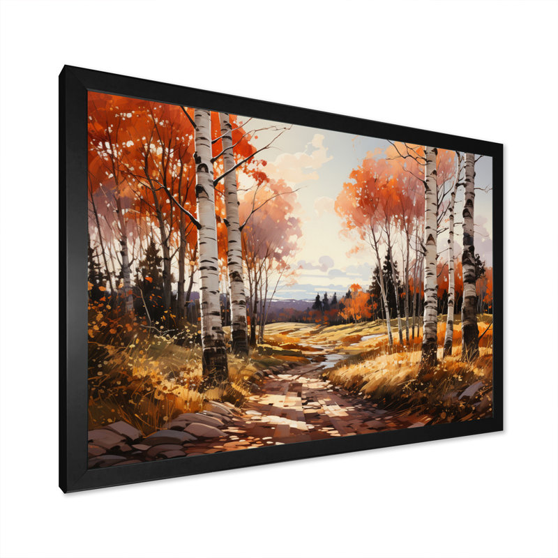 Birch Woods Gilded Pathway V - Tree Birch Wall Art Prints, Cadre photo noir, H 34 po x l 44 po x P 1,5 po
