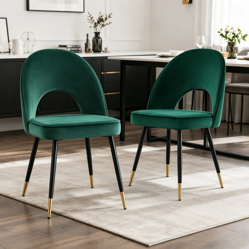 Modern Velvet Dining Chairs Ergonomic Cutout Back with Gold-Tipped Legs, Luxury Upholstered Accent Chairs for Dining/Living Room