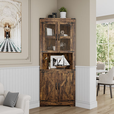67" Brown Tall Corner Storage Cabinet Farmhouse Corner Hutch Display Cabinet with Glass Doors