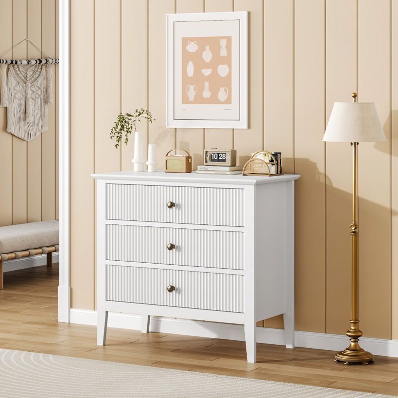 Modern Fluted 3 Drawer Wide Wood Dresser – Vertical Texture, Metal Legs & Anti-Tip Kit, Large Storage Organizer for Bedroom, Living Room, Entryway (White)