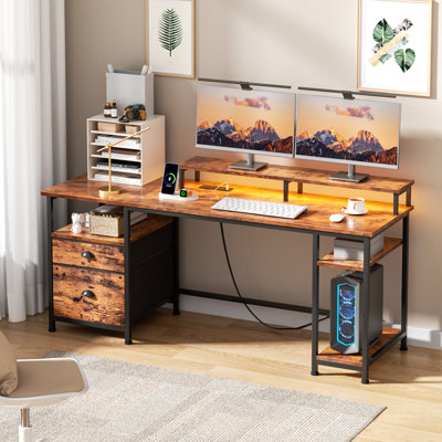 Computer Desk With Led Lights And Power Outlets, Gaming Desk With Monitor Stand,Home Office Writing Desk With Storage by 17 Stories