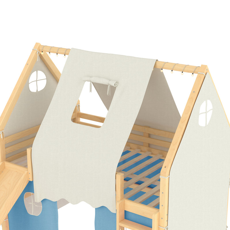 Lit mezzanine Cottage avec glissoire et tente, construction en bois massif, conception peu encombrante, Natural+Blue
