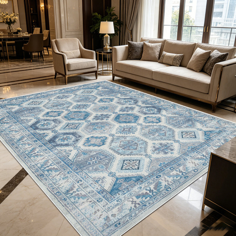 1PC Vintage Distressed Blue Geometric Bohemian area rugs for Living Room, Soft and Comfortable, Suitable for all seasons, easy-to-maintain, machine washable Indoor floor mat, Under Table Farmhouse suitable for dining table, bedroom, entryway, home