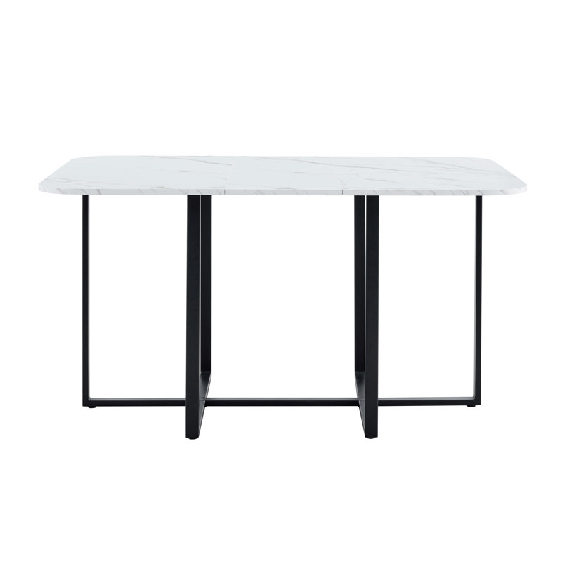 Table moderne à double texture - panneau de fibres à densité moyenne avec marbre et papier laqué à motif de bois, structure en métal noir robuste, table multi-usage 4 à 6 places pour la cuisine / coin repas / bureau à domicile