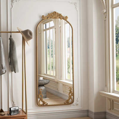 Miroir de 58 po x 24 po arqué avec applique murale rétro sculptée en haut et en bas, miroir mural suspendu, pour le salon, la chambre à coucher, le miroir rétro