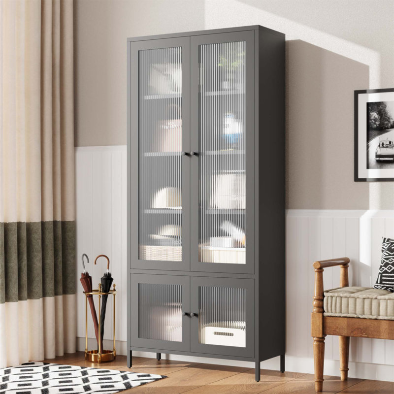 Grande armoire de rangement en métal avec 4 portes en verre et 5 tablettes, parfaite pour organiser et exposer vos objets de valeur
