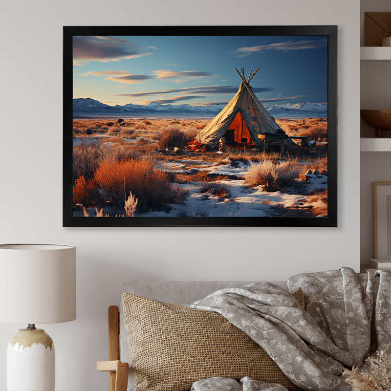 Tribal tipi paysage sur toile, Cadre simple noir, H 34 po x l 44 po x P 1,5 po