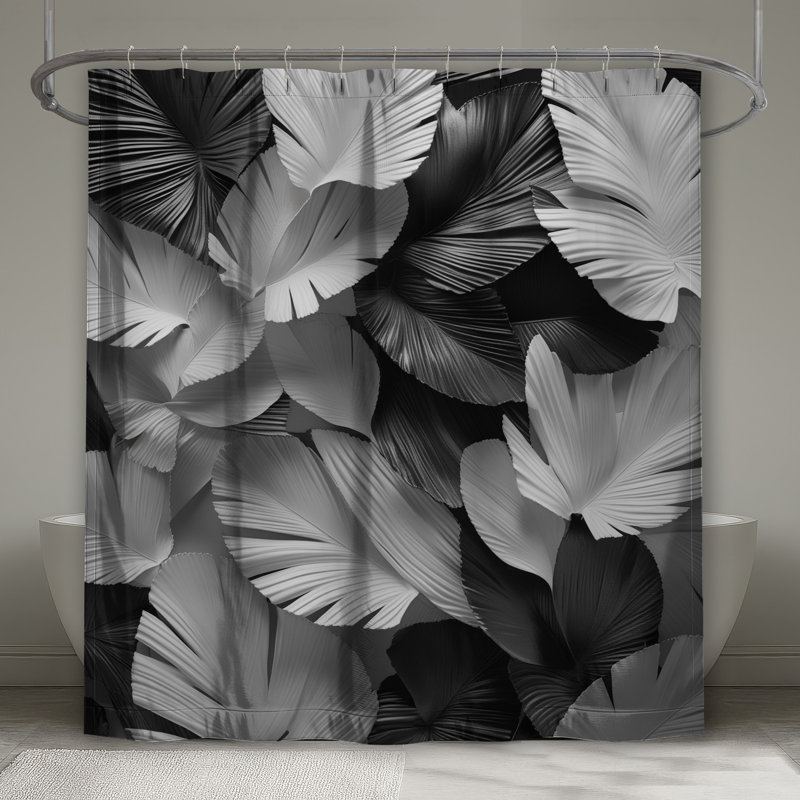 Rideau de douche noir à feuilles blanches extra long, L 70 po x H 84 po