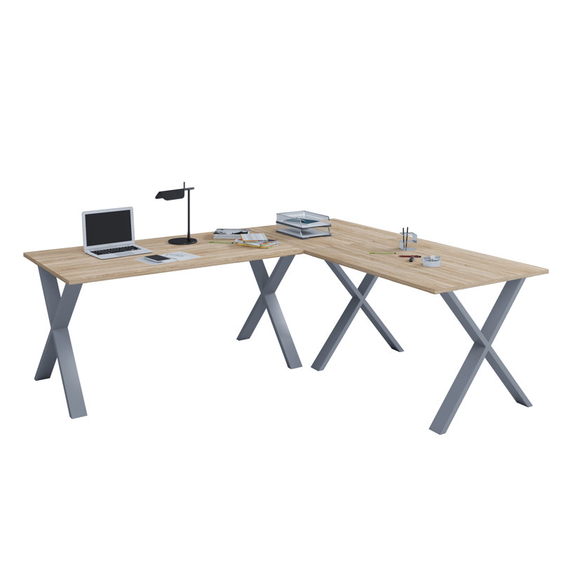 Solveg Metal Base Writing Desk, 76cm H x 160cm W x 50cm D, Brown/Grey