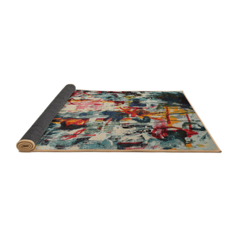Tapis bleu/rose/jaune contemporain, Rond 7 pi