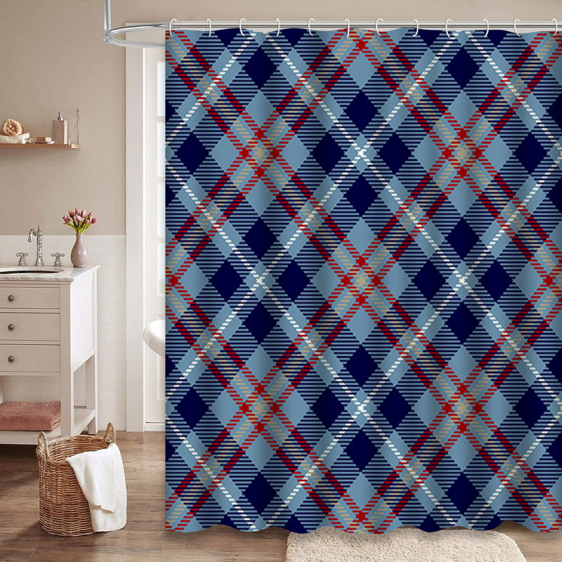 Camel Red White Blue Tartan Plaid Shower Curtain with 12 Hooks, L 72 po x l 78 po