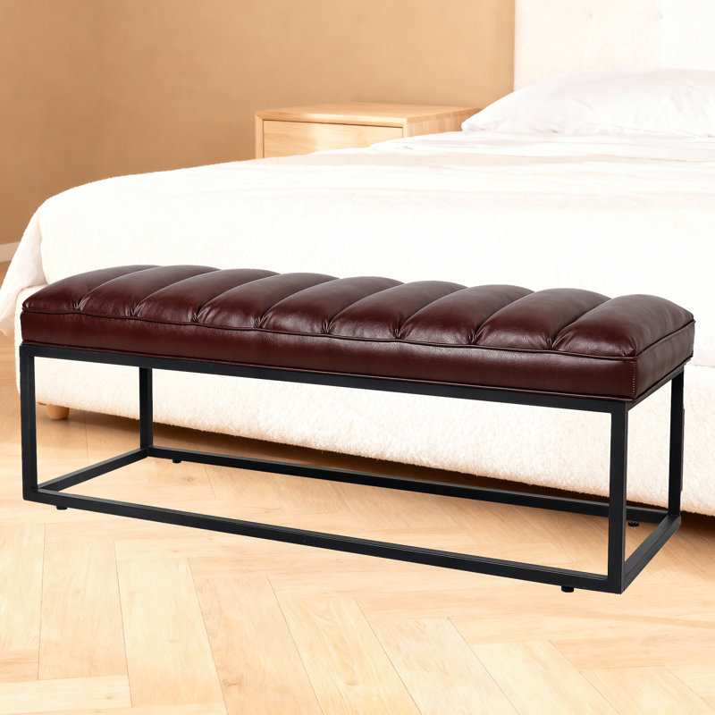 Banc en cuir PU 53,54 po avec structure en métal, Marron foncé