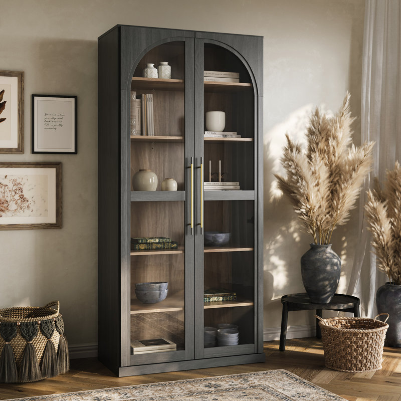 Set of 2 67" Storage Cabinet, 6 Shelf Glass Bookshelf, Ebony, Ebony