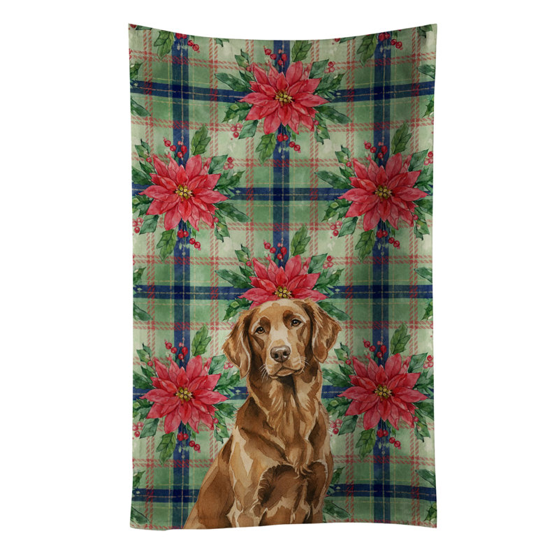 Liver Flat-Coated Retriever Christmas PoinsettIas Kitchen Towel, Liver Flat-Coated Retriever