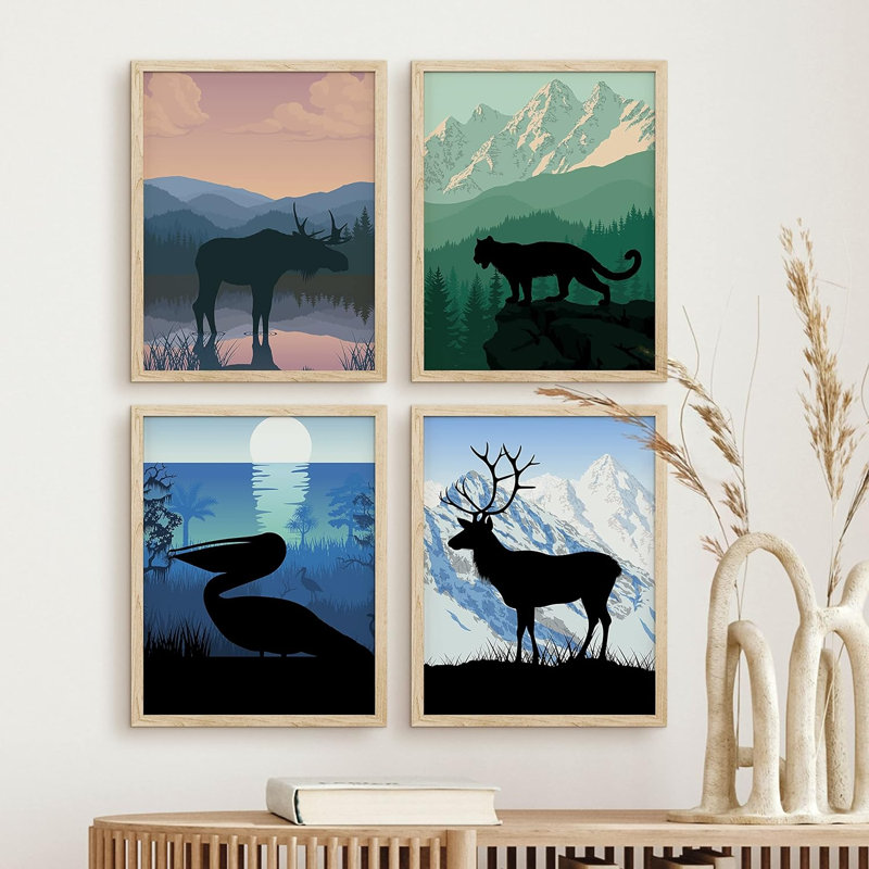 «Moose Mountain Mountain», ensemble de 4 animaux encadrés sur papier, impression encadrée sur papier, 4 pièces, Naturel