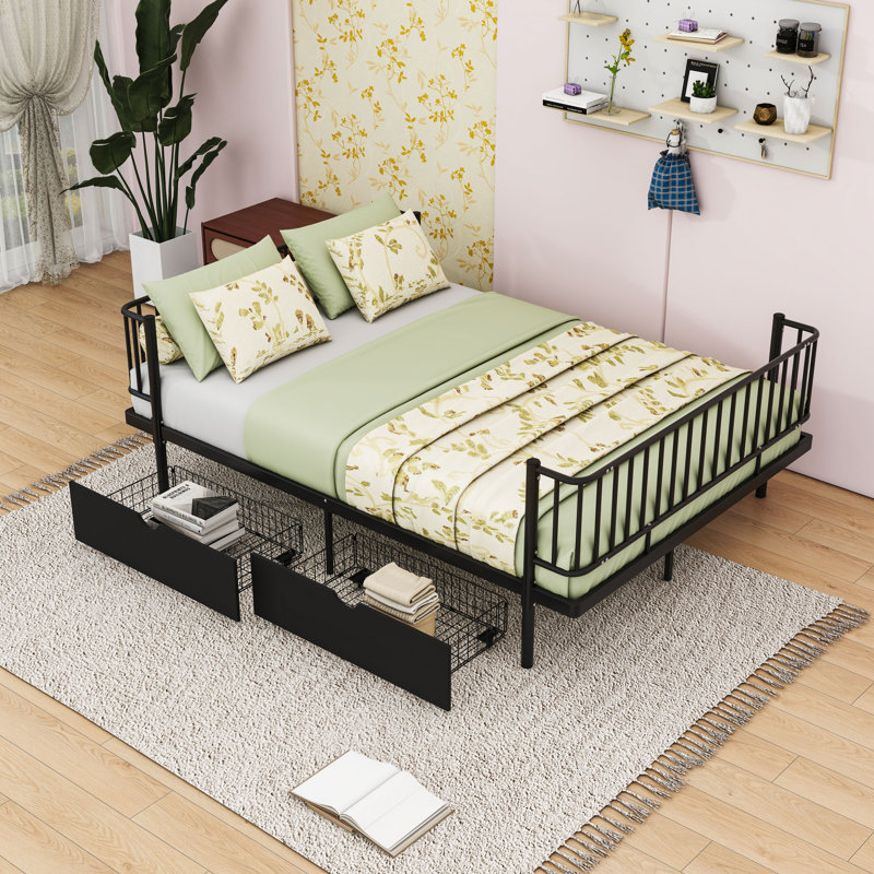 Metal Platform Bed with Storage Drawers, Black, Full