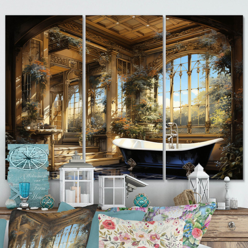 «Bathroom Golden Luxe II», reproduction sur toile 3 pièces, H 40 po x l 60 po x P 1 po