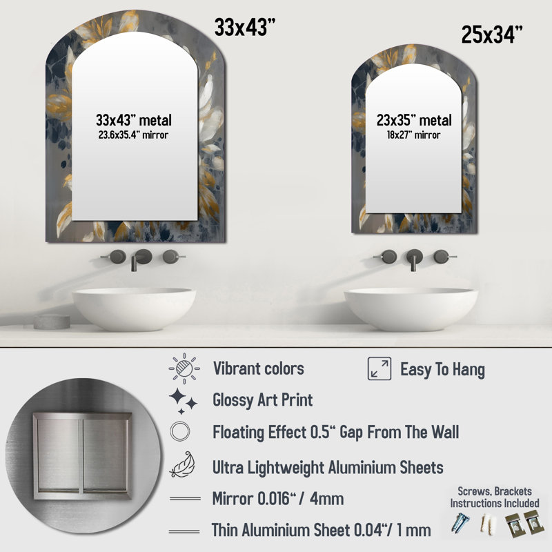 Emotions Of White Gold Peony Flower II - Peonies Asymmetrical Mirror, White Arch Unique Wall Mirror, Printed Metal Art