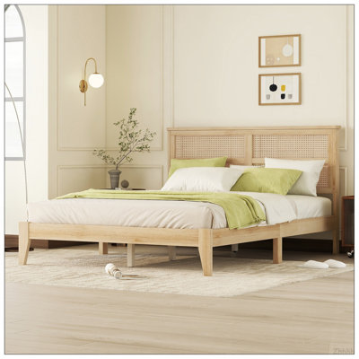 Queen Size Rubber Wooden, Solid Wooden Bed with Rattan Headboard, Enhanced by Support Feet,Natural