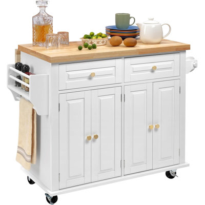 Rolling Kitchen Island With Drop Leaf, Thicken Rubberwood Top, Spice Rack, Towel Rack, Drawer, 43.3" Portable Mobile Kitchen Island Carts Table, Storage Cabinet, Both Wheels And Feet Included