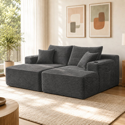Boneless Couch, 69-Inch Double Chaise Lounge Chair for Indoor Use, Plush Corduroy Cloud Sofa with Deep Seat, 2-Piece Modular Floor Sofa with Cup Holders and Side Pockets, Gray