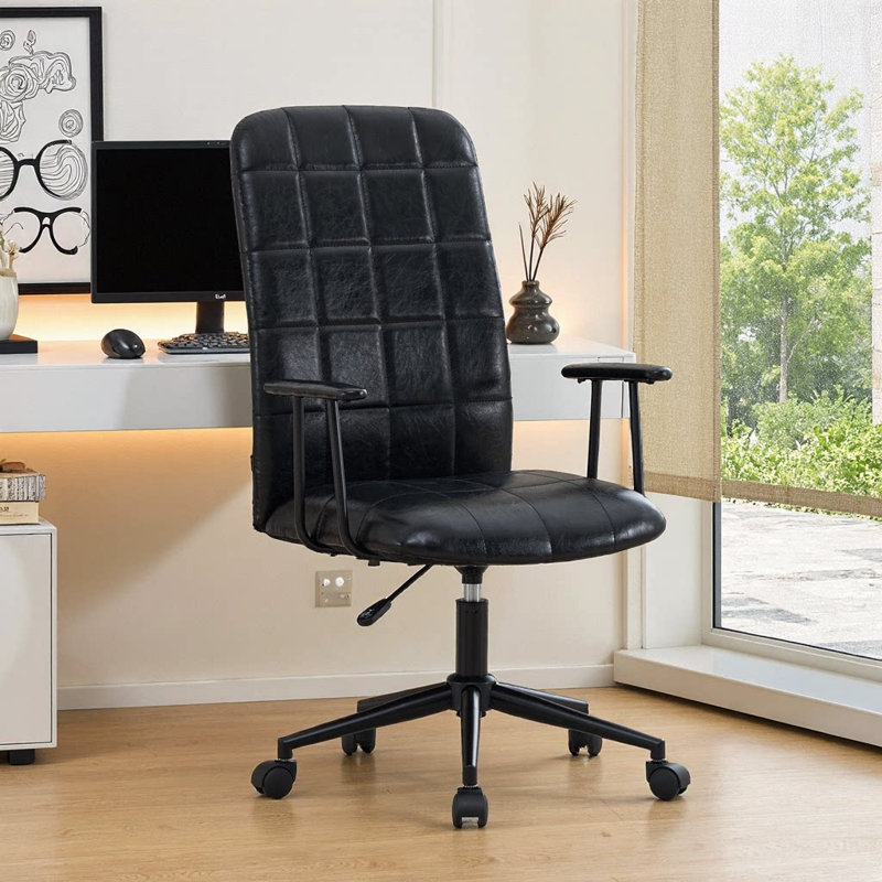 Fauteuil de bureau en polyuréthane à haut dossier - hauteur réglable, pivotement à 360 °, siège en mousse souple, accoudoirs, structure et roues noires - Fauteuil de direction rétro pour bureau personnel, bureau ou espace de travail