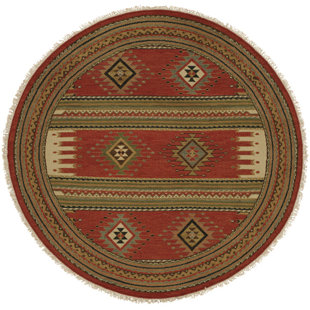 Tapis géométrique en laine tissé à plat à la main rouille / rouge / vert
