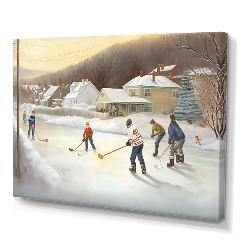 Enfants jouant au hockey en hiver IV - art mural de hockey sportif pour le salon, H 16 po x l 32 po x P 1 po, Toile tendue