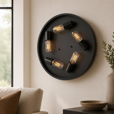 Plafonnier rond noir mat à cinq têtes de style industriel, cage métallique croisée creuse, style maison de campagne, convient aux couloirs, aux cuisines et aux entrées. Ampoules non incluses.