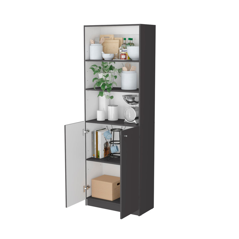 Bibliothèque Home 2 portes, unité de rangement moderne avec portes doubles et tablettes à plusieurs niveaux, Gris / Blanc