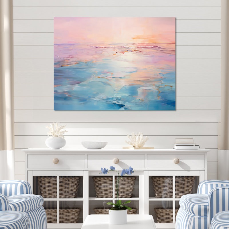 Rose et bleu pastel coucher de soleil - vagues côtières, art mural, H 16 po x l 32 po x P 1 po, Toile tendue