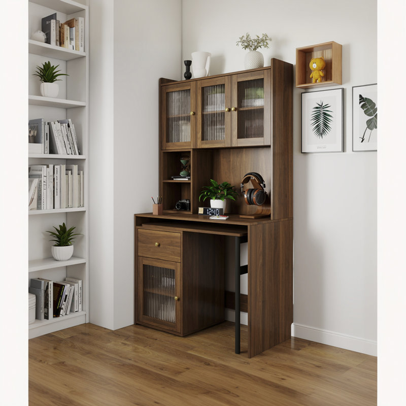Writing Desk with Bookshelf & Hutch, Walnut