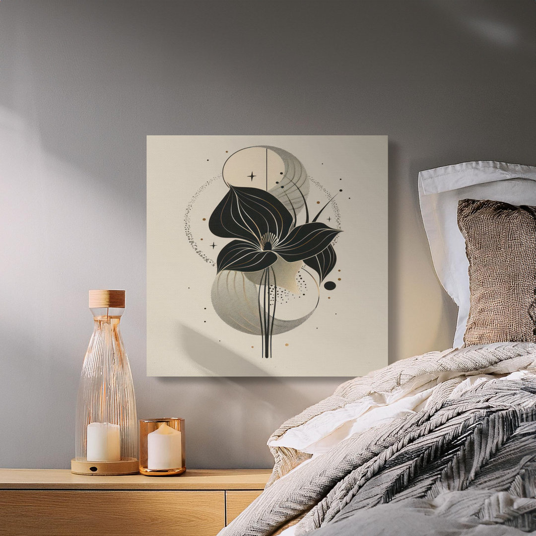 Modern Botanical Black Flower Canvas Wall Art, Elegant Minimalist Abstract Floral Print for Boho Luxe Home Decor with Faux Gold Accents