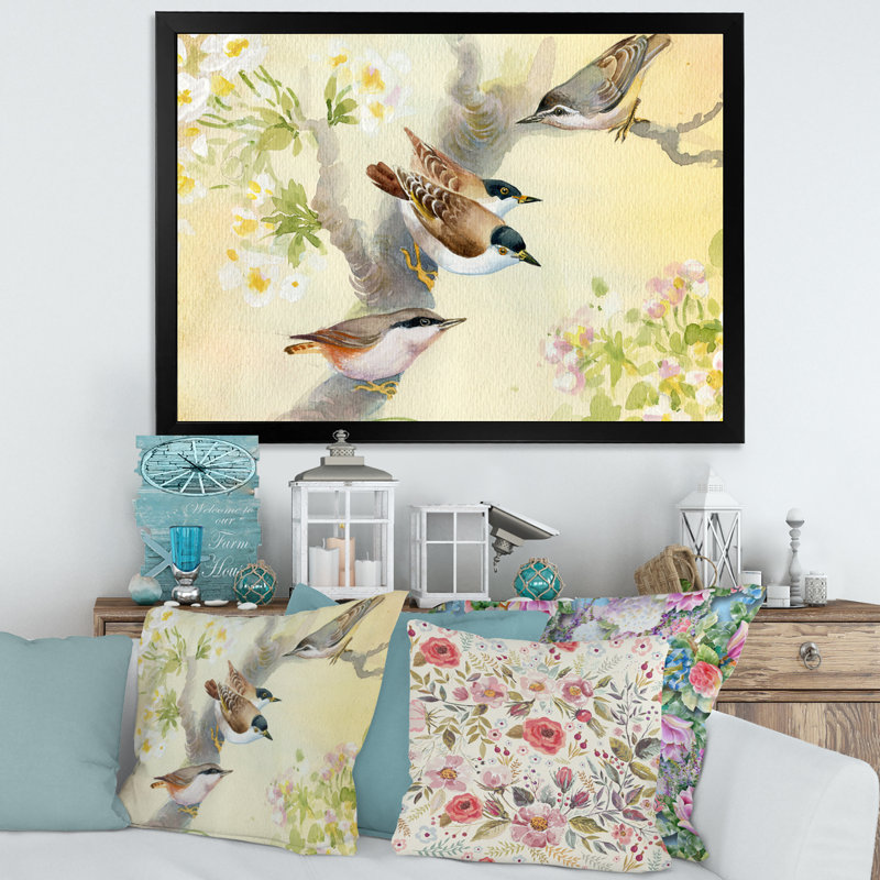 Oiseaux sur un pommier en fleurs - Peinture sur toile, H 30 po x l 40 po x 1,5 po, Cadre photo noir