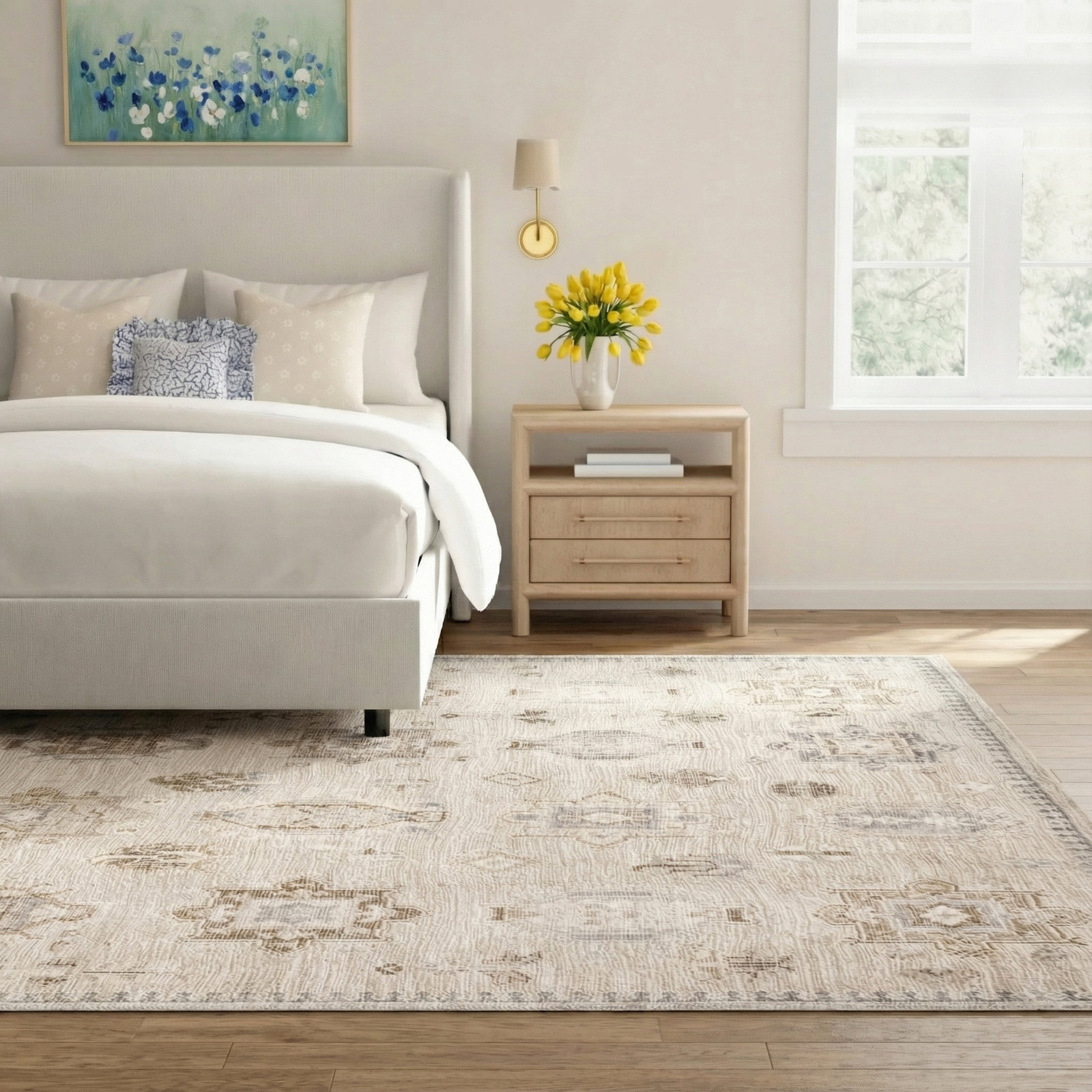 Beige Ivory Machine Washable Oriental Rug, Rectangle 9' x 12'