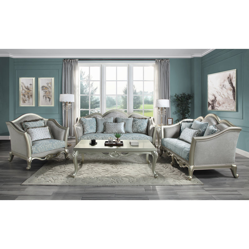 66" Light Gray Linen Loveseat with Champagne Wood Trim