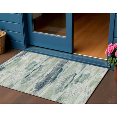 Tapis intérieur lavable abstrait vert ivoire et bleu denim 3 pi x 5 pi