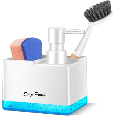 Dish Soap Dispenser with Sponge Holder, Small Hand Soap Dispenser with Sponge Caddy and Brush Holder, 3-in-1 Countertop Organizer for Kitchen Sink and Bathroom