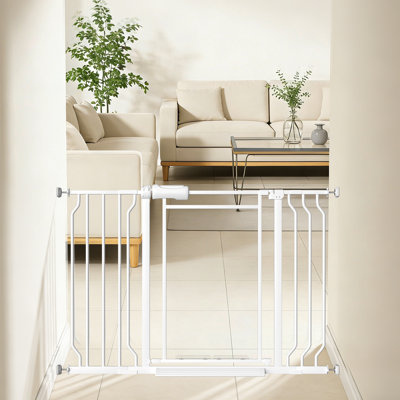 Triple Lock Pet Gate with Clear Acrylic Panel - Adjustable 38-47" Wide Pressure Mount for Stairs, Doorways Metal White