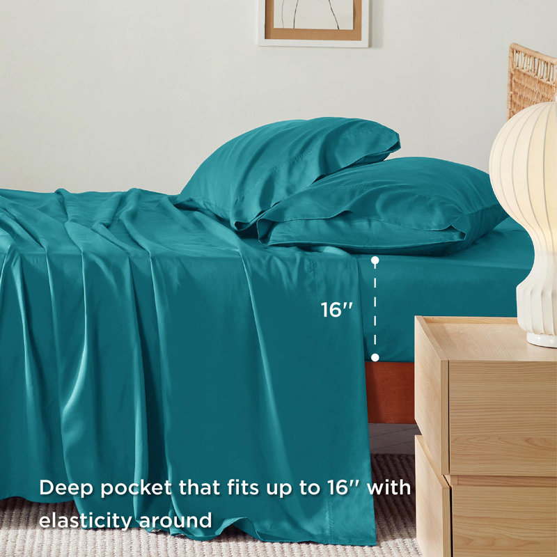 Ensemble de draps en rayonne de bambou Essential Collection, Turquoise, Ensemble de draps pour lit double avec 2 taies d'o