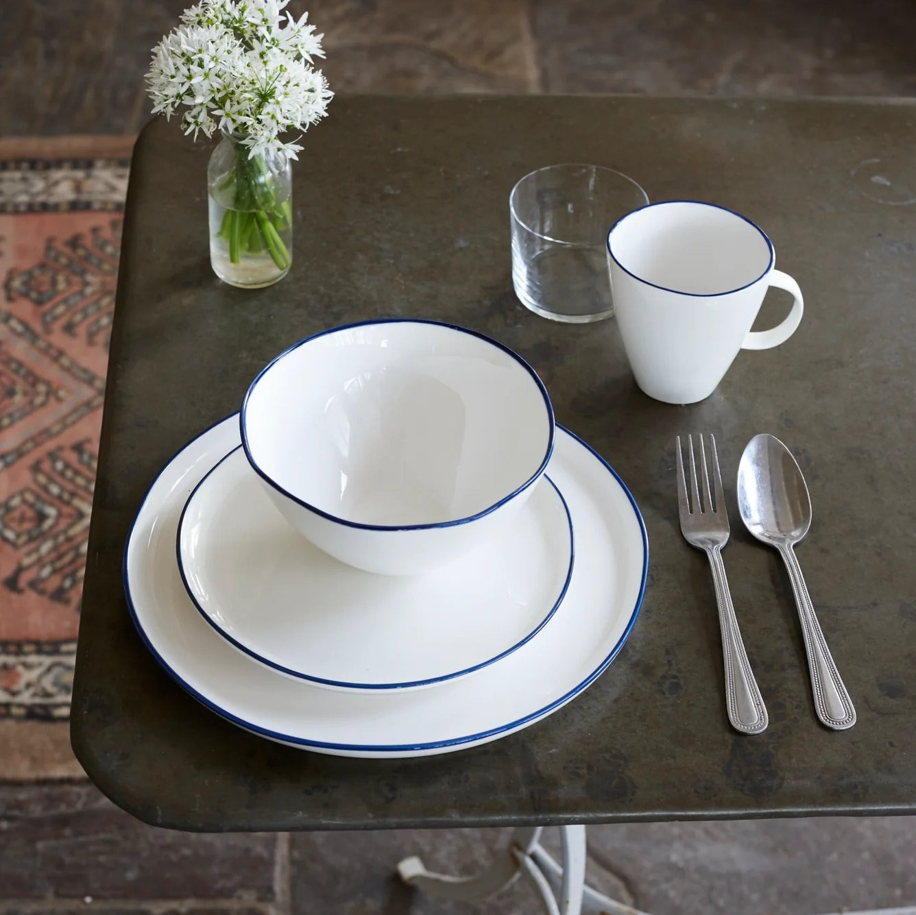 Abbesses Porcelain Dinnerware Set, White/Blue