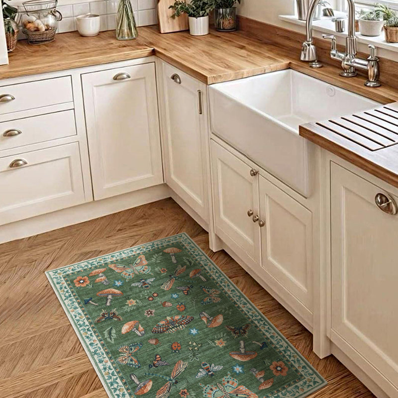 Floral Machine Washable Rug with Non-Slip Backing, Soft Thin Low Pile Non Shedding Floor Carpet, Indoor Foldable Printed Accent Mat for Living Room/Nursery/Bedroom