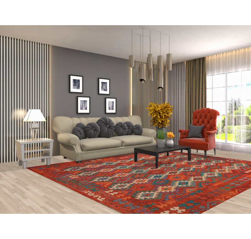 Tapis oriental réversible en laine orange Kilim 8 x 10