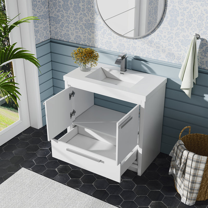 36 Inch Single Bathroom Vanity with Cultured Marble Top, Pre-Assembled Modern Bathroom Cabinet, White Finish, Includes Sink