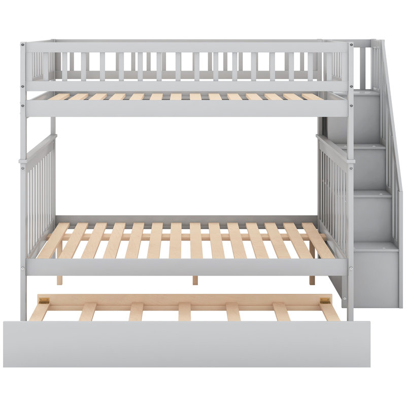 Lit superposé double avec lit gigogne et escalier, construction en bois de pin massif gris, 3 lits flexibles, rangement supplémentaire, chemin de montée sécuritaire, structure d'escalier double / simple fournie avec assemblage simple, option