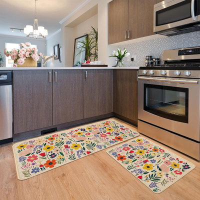 Tapis de cuisine - multicolores, fleurs printanières et estivales, tapis antidérapants lavables, ensemble de 2